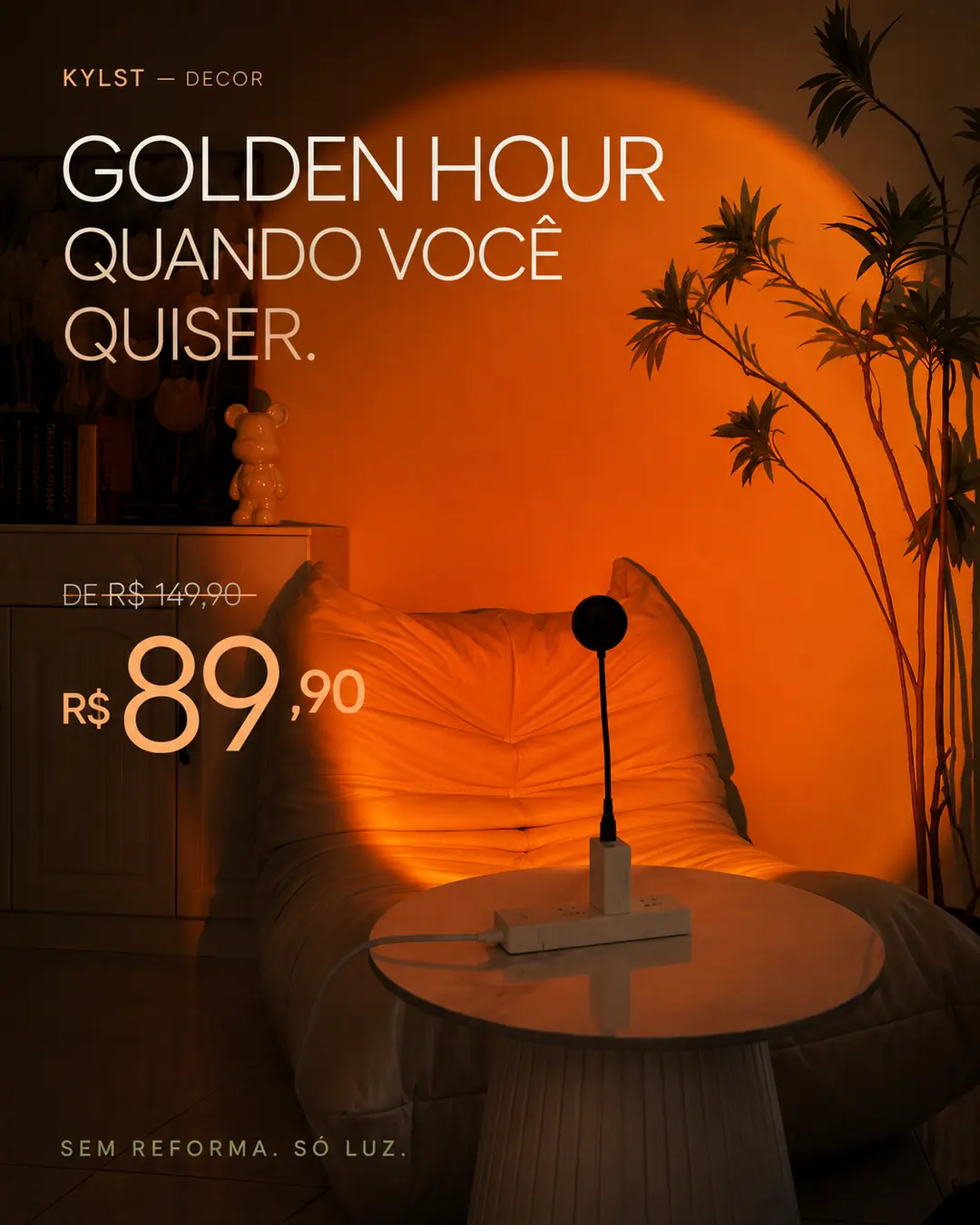Projetor Pôr do Sol iluminando um quarto em tom dourado